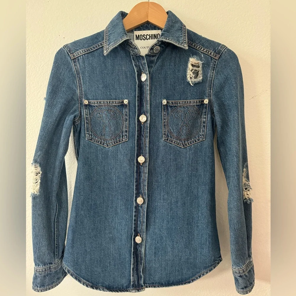 EUC Moschino Couture Distressed Denim Jean Shirt Jacket Size 2 X small Italy